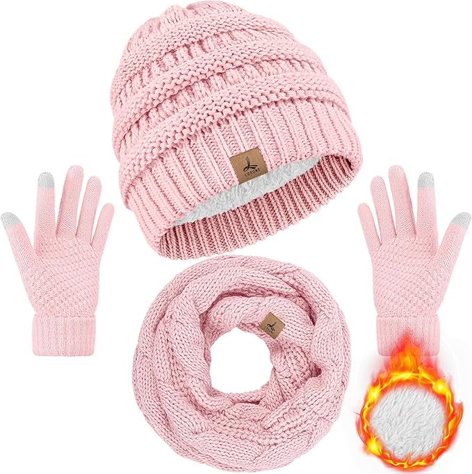 Winter Beanie Hat Scarf Gloves, Warm Fleece Knit Hats Touch Screen Gloves Neck Scarf Set Winter Gifts for Unisex Adult