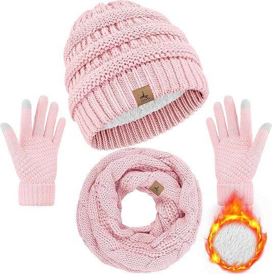 Winter Beanie Hat Scarf Gloves, Warm Fleece Knit Hats Touch Screen Gloves Neck Scarf Set Winter Gifts for Unisex Adult