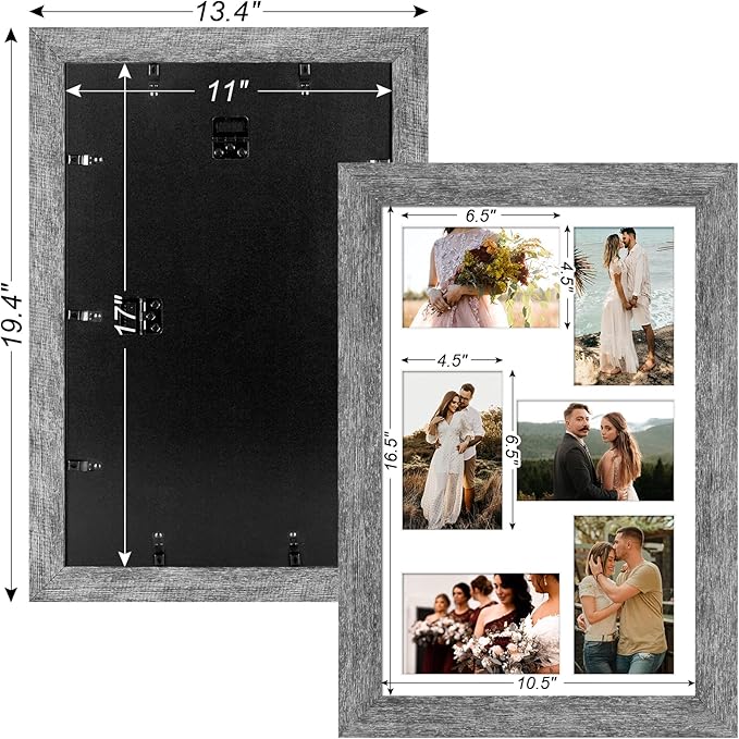 11x17 Picture Frame Display 6 picture frame collage 4x6,Multi Photo Frame with Mat,Plexiglass,Wall Mount Decor,Grey Wood Grain
