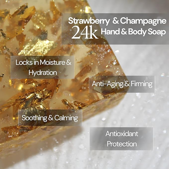 24k Gold flakes, Strawberry and Champagne Hand and Body Soap – Vegetable Collagen, Aloe Vera, and 24k Gold flakes - A luxurious treat by Natural Splash - Perfect for gifting or indulging yourself.
