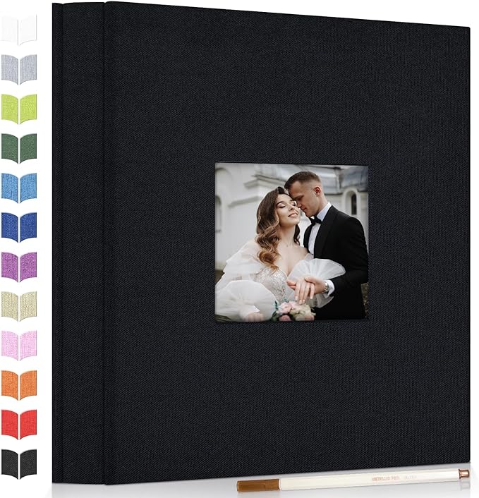 Photo Album Self Adhesive Scrapbook Album for 3x5 4x6 5x7 8x10 Pictures,120 Pages Linen Cover with Display Window DIY Photo Book,Ideal Gifts for Family Travel Wedding Baby