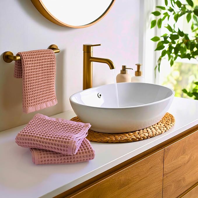 PÜSKÜL - Set of 3 Organic Waffle Hand Towel Pink - Premium Quality, 100% Turkish Cotton, Soft, Quick-Dry, Absorbent, Lint-Free Face Kitchen Hand Towels (Pink Powder, Hand Towels - Pack of 3)