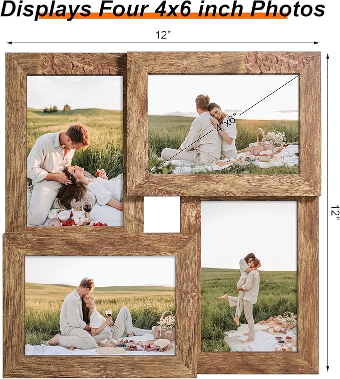 4x6 Collage Picture Frames Set of 1, Multi Family Photo Frame with Real Glass, Displays Four 4x6 Photo, Wall Decor Wall Hanging or Tabletop, Distressed Brown