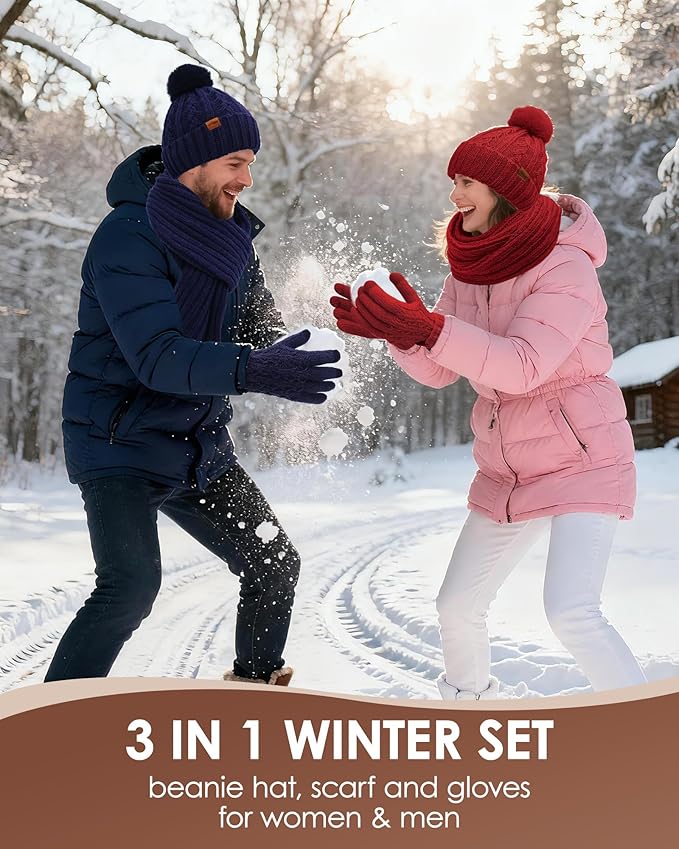 Womens Winter Beanie Hat Scarf Gloves Set, Fleece Lined Knitted Hat with Pompom Long Scarf Touchscreen Mittens for Women Men