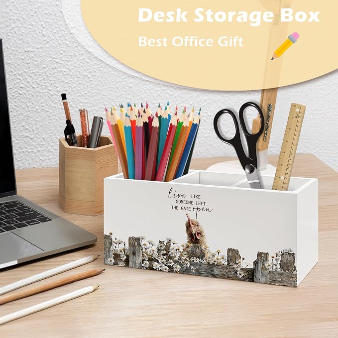Rustic Chicken Pen Holder Organizer, Farmhouse Chicken Lover Gifts for Women Desk Decor, Live Like Someone Left the Gate Open Wooden Pen Pencil Holders for Vintage Desk Accessories