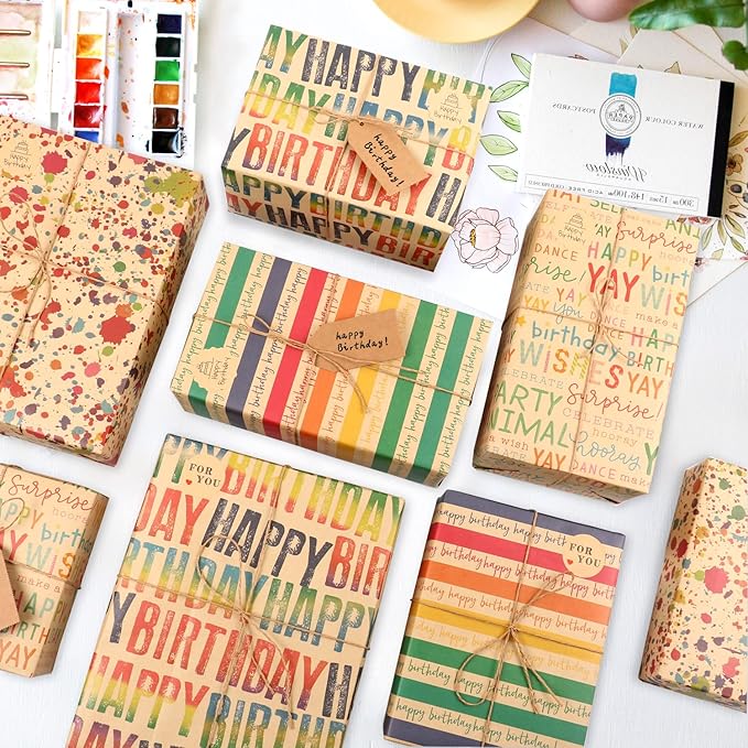 MAMUNU Birthday Wrapping Paper, 8 Sheets Brown Kraft Recycled Gift Wrapping Paper, Colorful Happy Birthday Gift Wrapping Paper Set with Stickers and Tags for Kids Women Men Birthday All Occasions, 20×28 Inch