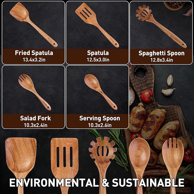 Wooden Spoons for Cooking - 5-Piece Wooden Kitchen Utensil Set made of Natural Solid Wood Material - Includes Salad Spoons, Spaghetti Spoon,Slotted Spatula, Salad Fork, Flat Spatula(A05)