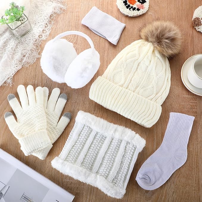 SATINIOR 5 Pcs Winter Hat Scarf Gloves Set Fleece Warm Lined Knit Beanie Hat Touch Screen Earmuff Gloves Warmer for Women(White,Rhombus Pattern)