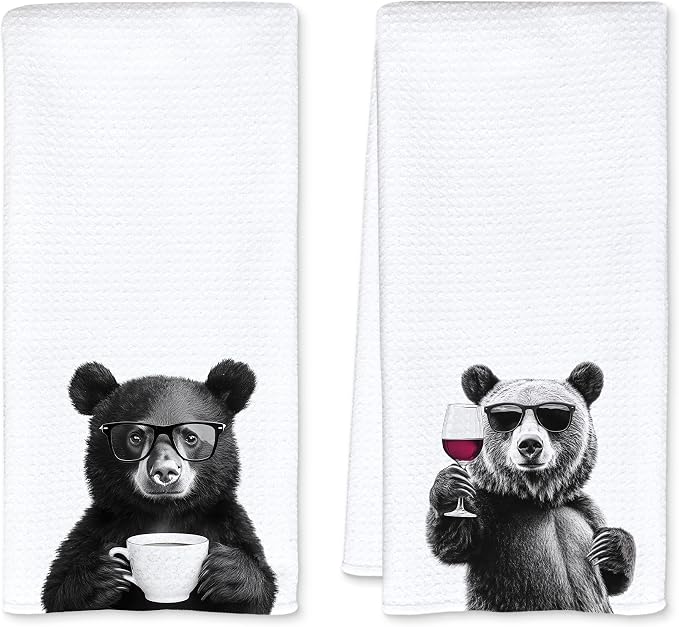Funny Bear Kitchen Towels Set of 2, Funny Kitchen Decor, Coffee Station Wine Bar Decor, Black and White Bear Owner Gift Hand Towel, Dining Room Decorative Tea Towel Dish Towels 16x24 Inch