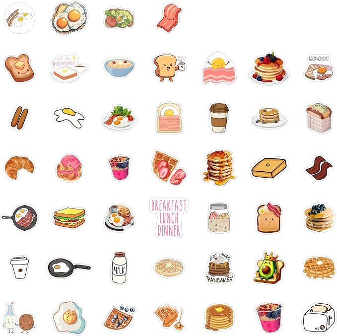 100Pcs Cute Breakfast Food Stickers for Scrapbooking, Water Bottle & Laptop - Breakfast Party Supplies & Decorations, Kawaii Food Stickers, Waterproof Vinyl Decals, Gifts for Women & Men