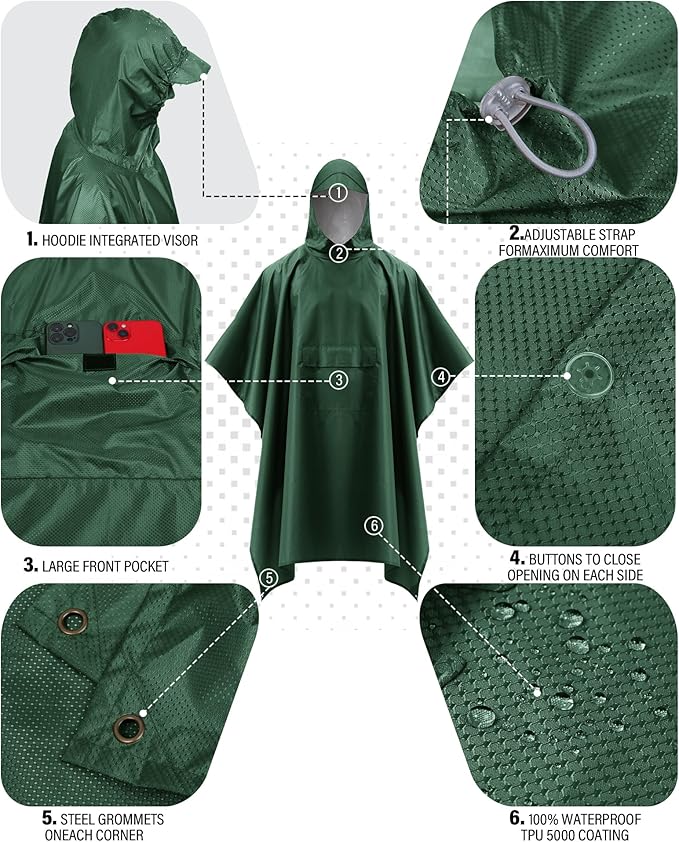 iCreek Hooded Rain Poncho Packable Unisex Raincoat Jacket with Pocket Waterproof Lightweight for Hiking, Camping, Outdoor