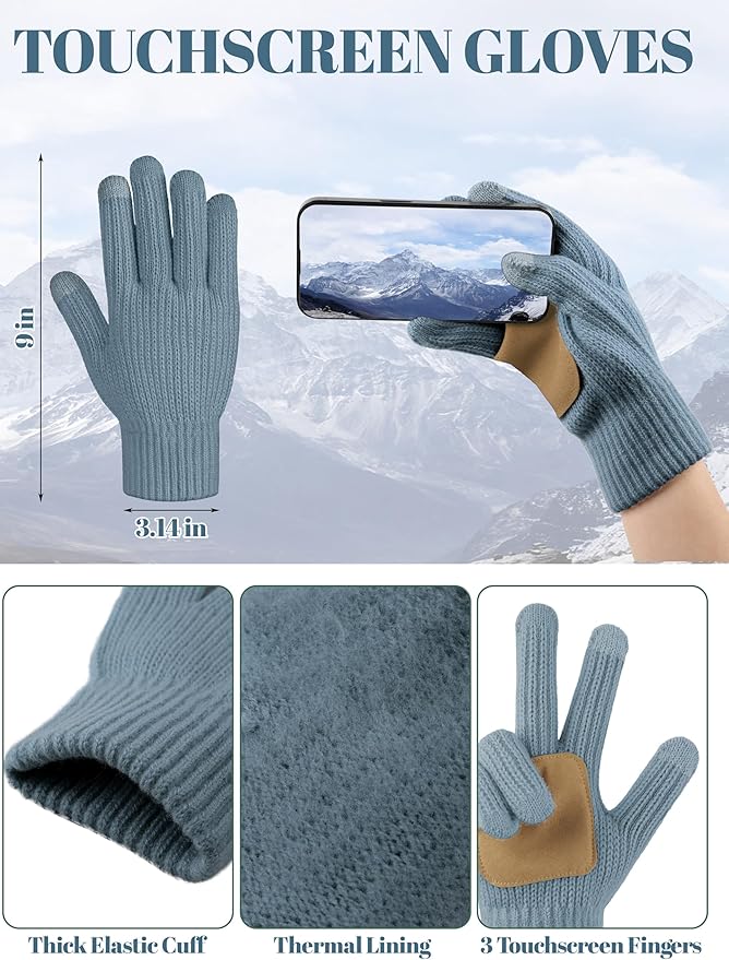 LOROME Women Winter Beanie Hat Scarf Gloves Set, Fleece Knitted Pompom Hat Warm Neck Scarf Touchscreen Gloves Winter Gift