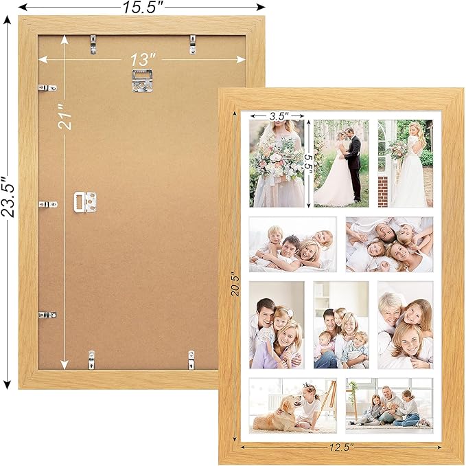 13x21 Picture Frame Display 10 opening 4X6 Picture Frame Collage,Multi Photo Frame with Mat,Plexiglass,Wall Mount Decor,Natural Wood Grain
