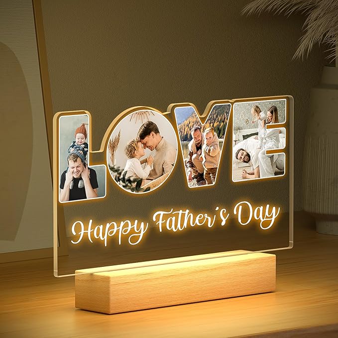 Personalized Father's Day Gifts for Dad/Kid/Baby/Family/Pet, Custom LOVE Picture Frames with Photos, Custom Acrylic Plaque with Night Light, Personalized Dad Birthday Gifts