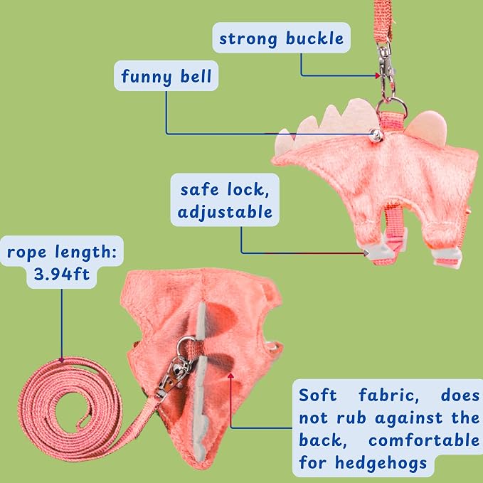 Hedgehog Leash and Harness Clothes Accessories, Adjustable Leash and Harness with Safe Bell, Dinosaur Shaped Outfit, Hamster Clothes For Ferret Hamster, Hedgehog Accessories, Guinea Pig Outfits (Pink)