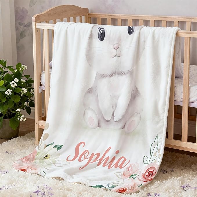 Personalized Baby Blanket with Name, Customized Soft Animals Flannel Blankets for Newborn Boys Girls and Toddlers, for New Mom, Infant Birthday Gift, Rabbit-2