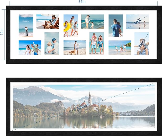 12x36 Picture Frame 2 Packs, Real Glass and Rustic Black Wood Frame, Display Collage Pictures Twelve 4x6 With Mat or Pennant 12 x 36 Without Mat - Horizontal or Vertical Wall Mounting