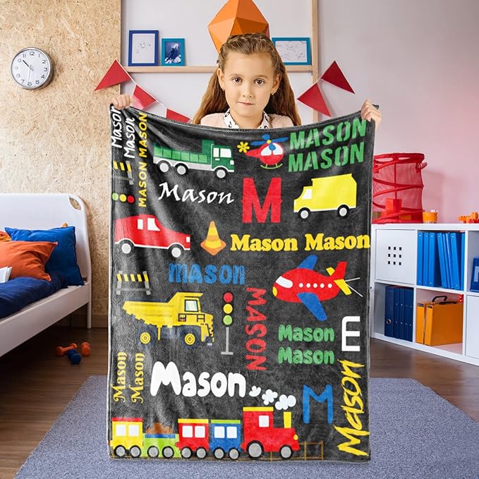 Custom Blanket with Name for Boys, Personalized Name Blanket City Transport, Soft Flannel Blankets Customized Gift for Children Day Birthday Christmas-40 x50