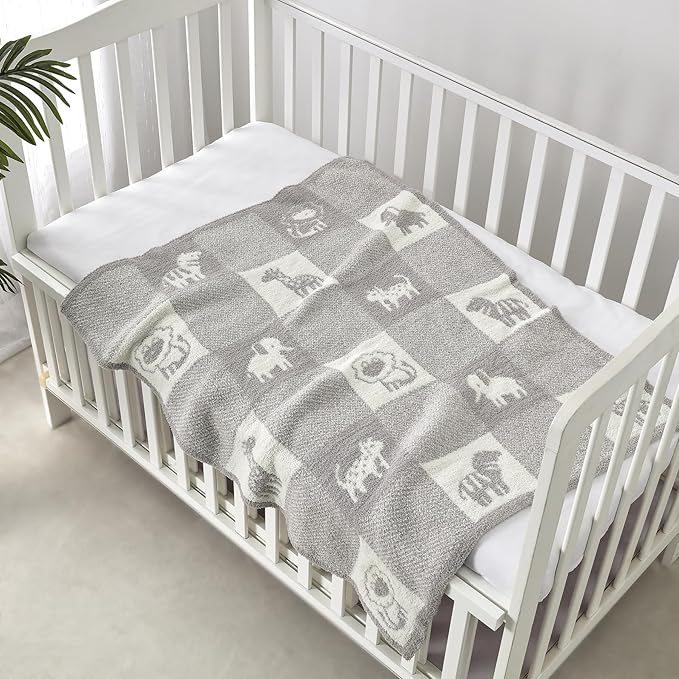 CREVENT 30"X40" Cozy Soft Warm Knitted Baby Blanket for Girls Boys, Newborn Essentials for Infant, Baby Shower Receiving Gift - Animal Grey 75X100cm