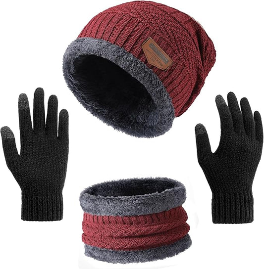 Winter Beanie Hat Circle Scarf Touchscreen Gloves Set, Snow Knit Skull Cap, Warm Thick Fleece Lined Neck Warmer for Men Women