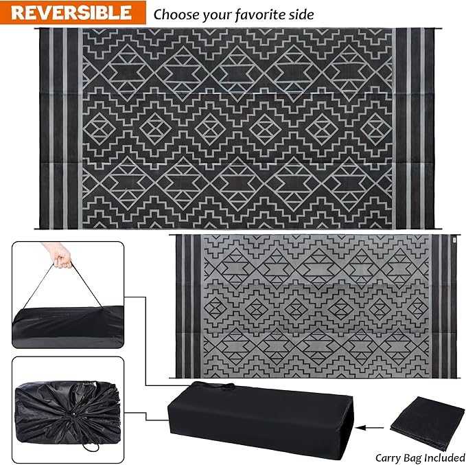 SAND MINE Reversible Mats, Plastic Straw Rug, Modern Area Rug, Large Floor Mat and Rug for Outdoors, RV, Patio, Backyard, Deck, Picnic, Beach, Trailer, Camping (9' x 18', Black & Grey)