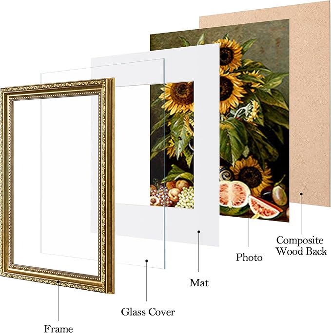 eletecpro 9x12 Picture Frames Set of 4, Vintage Gold 9 x 12 Photo Frames with Glass, Display 6x8 Photo with Mat or 9x12 without Mat for Tabletop or Wall Decor, Gold