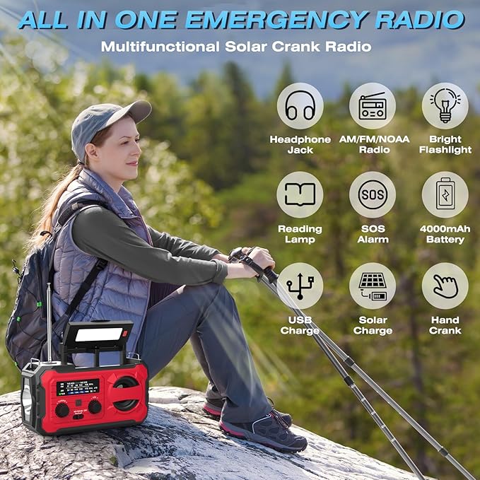 10000mAh Emergency Radio, NOAA Weather Radio with AM/FM, 37000mWh Rechargeable Phone Power, USB/Solar/Hand Crank Charging, LED Flashlight, SOS Alarm, Reading Lamp for Indoor/Outdoor Emergencies