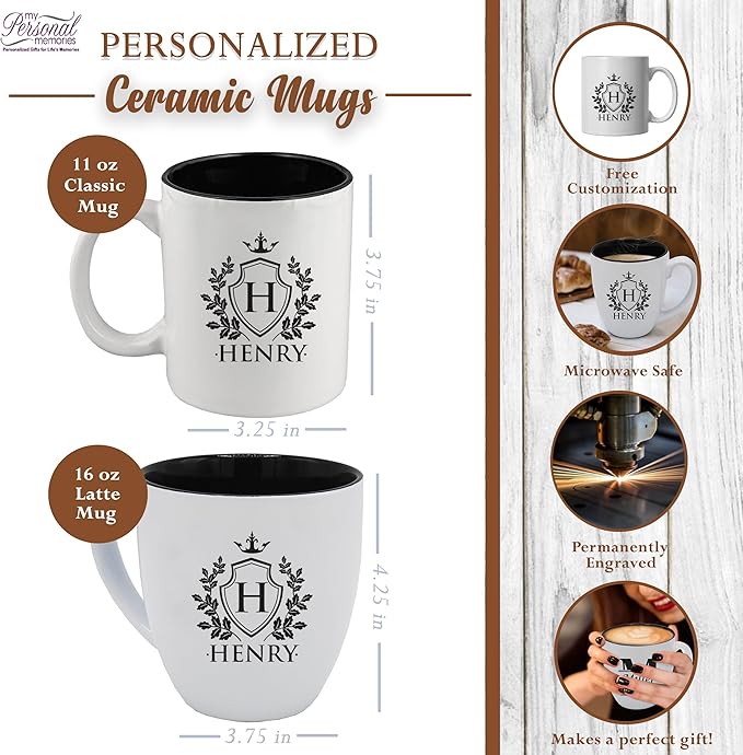 My Personal Memories Custom Monogrammed Coffee Latte Mug and Tea Cup - Personalized and Engraved (White)