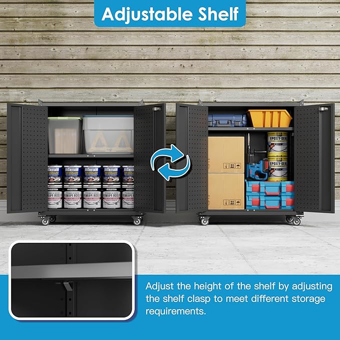 Metal Storage Cabinets with Door Pegboard,Lockable Garage Storage Cabinets with Wheels for Garage, Home, Office,Assembly Required,Black,13.8" D x 26" W x 31.5" H