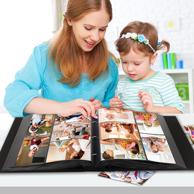 1000 Pocket Photo Album 4x6 Leather Cover, Extra Large Capacity Holds 1000 Horizontal and Vertical Photos, Acid Free Non Stick Pages with Front Window, Perfect for Wedding Family Baby Memories (Black)