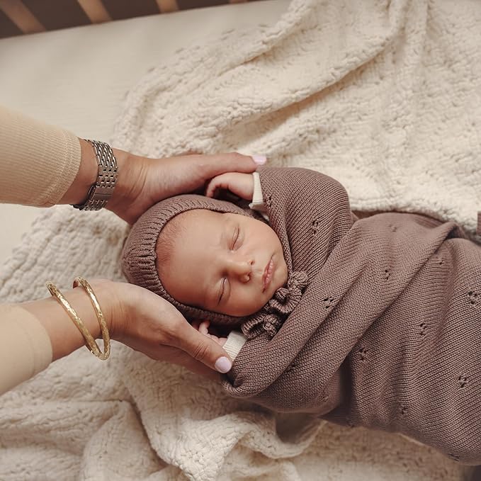 Organic Pointelle Baby Blanket + Hat Gift Set for Boys & Girls - 100% Soft Luxury Cotton Swaddle Blanket + Bonnett Registry for Newborns & Infants (Dove Grey + Hat)