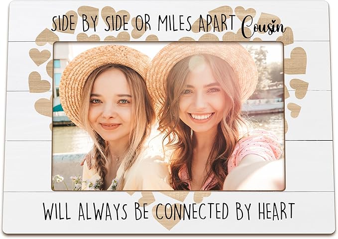 Cousins Gifts Picture Frames, Cousin Gifts for Women, Long Distance Birthday Wedding Wooden Photo Frames, Cousin Will Always Be Connected By Heart Picture Photo Frame for Desk Table 4X6 Photos