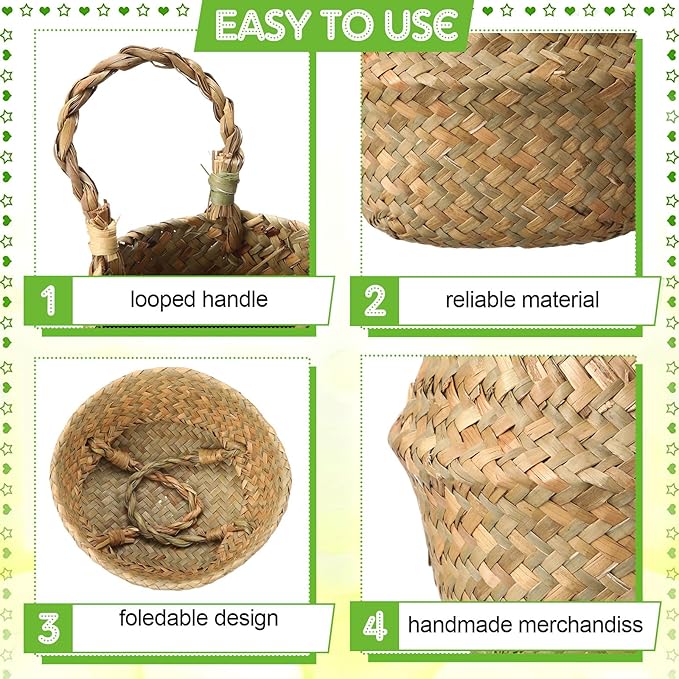Qunclay 8 Pcs Woven Seagrass Baskets Belly Basket Folding Boho Natural Plant Pot with Handles Round Decorative Wicker Large Indoor Planter for Home Outdoor Tree Planters Decor (6.3 x 5.9 Inch)