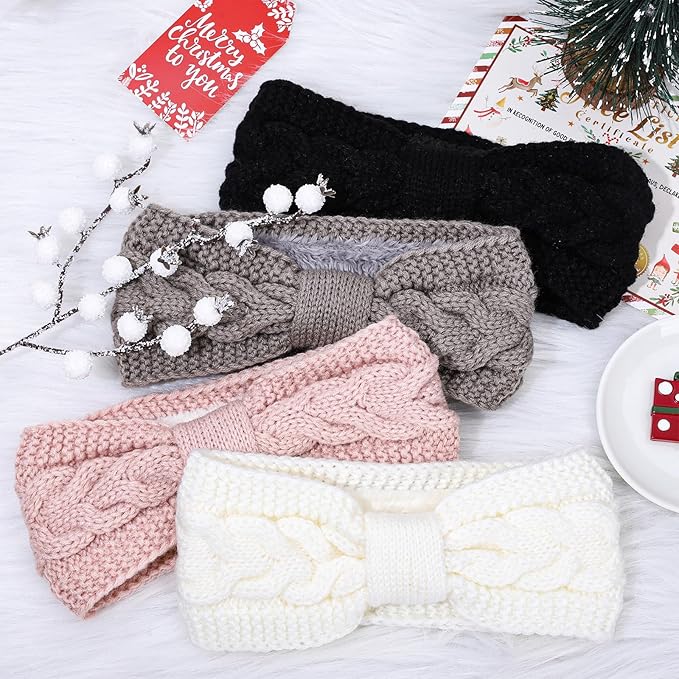 Whaline 4 Pack Twisted Knit Headbands Winter Knotted Head Wraps Fuzzy Lined Headband Thick Crochet Turban Ear Warmer Elastic Hair Band Accessories for Women (White, Pink, Black, Grey)