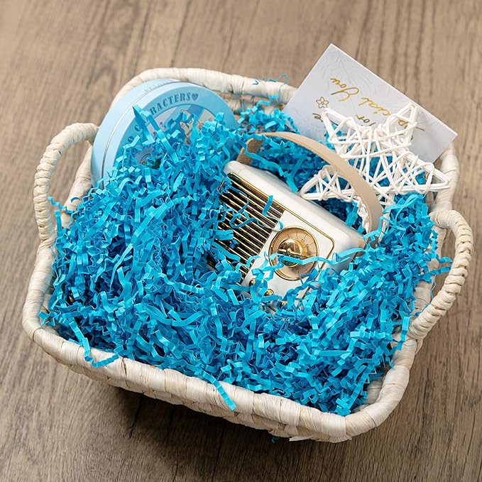 Mefleet 1/2 LB Crinkle Cut Paper Shred Filler 8 oz Blue Crinkle Shredded Paper for Gift Box - Gift Basket Bag Filler - Grass Cushion Stuffing for Easter, Mother's day, Holiday Packaging Wrapping