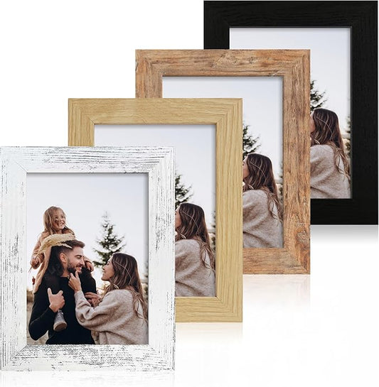 iRahmen 5x7 Picture Frame Set of 4, High Definition Real Glass 5 x 7 Photo Frames for Desktop Display and Wall Mounting(Distressed White+Oak+Rustic Brown+Black)