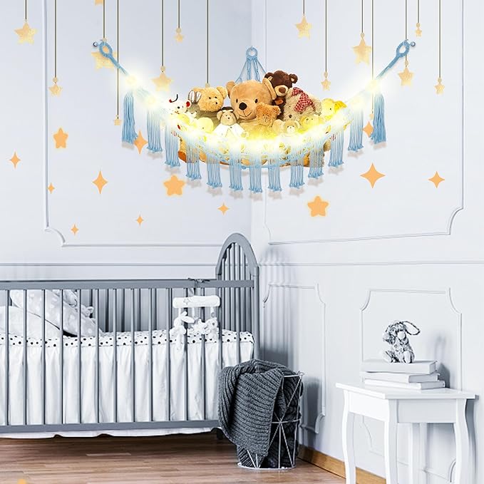 CERETIA Stuffed Animal Hammock with LED Light, Large Stuffed Animals Storage Corner Plushie Net for Kids Room Decor, Jumbo Baby Blue