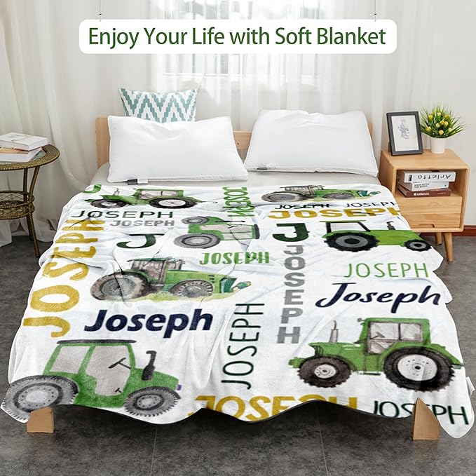 Personalized Tractor Blanket with Name for Baby Boys, Custom Name Blanket Trucks for Kid, Soft Flannel Toddler Blankets Customized Gift for Newborn Baby Shower Birthday-60 x80