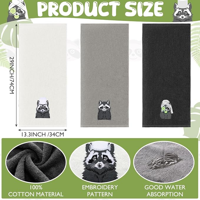 3 Pcs Raccoon Gifts Hand Towels for Bathroom Decorative | Funny Retro Raccoon Bathroom Decor, 100% Cotton Embroidered Towels for Women Kitchen Decor, 13. 3 x 29. 5''