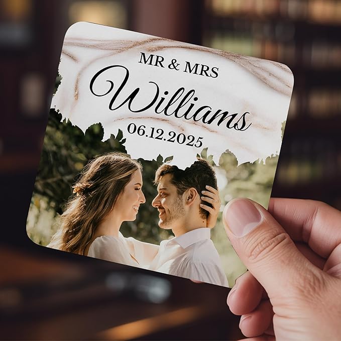 100 Pack Personalized Wedding Coasters, Custom Cardboard Coasters for Drinks with Photo Print and Text, Keepsake Wedding Favors and Gifts for Couples, 4x4 Square, Design 6