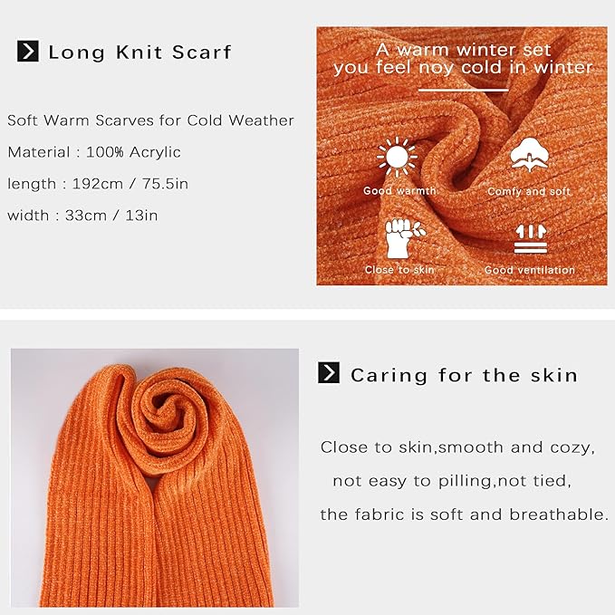 Womens Winter Knit Warm Hat Beanie Long Scarf Touch Screen Gloves Set Skull Caps Neck Scarves for Women
