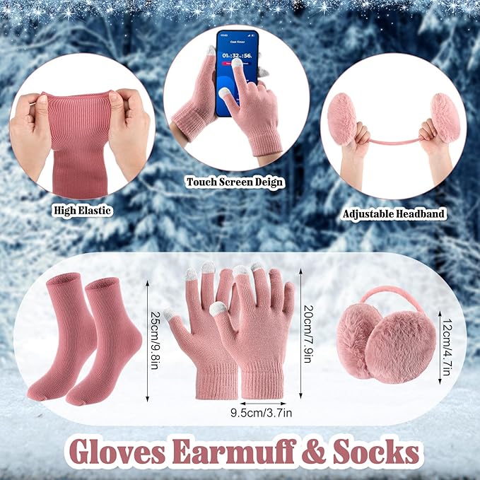 SATINIOR 5 Pcs Winter Satin Lined Hat Scarf Gloves Set Knit Pompom Beanie Warm Touchscreen Glove Earmuff Ear Warmer for Women