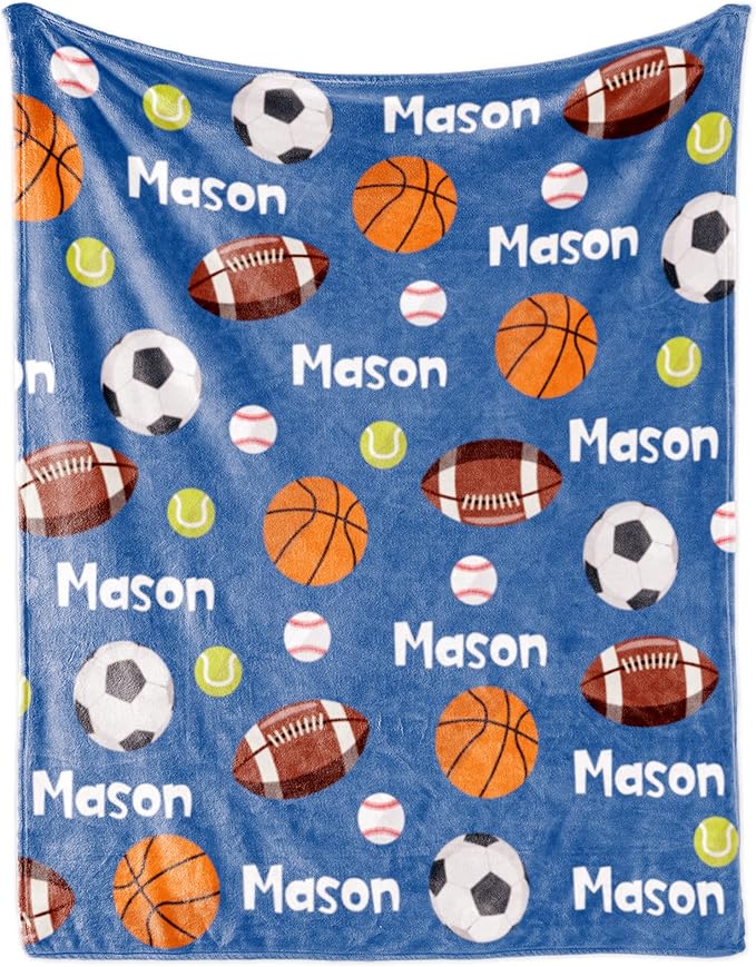 Custom Ball Blanket with Name for Boys, Personalized Name Blanket for Kids Ball, Soft Flannel Customized Gift for Birthday Christmas Baby Shower Children Day 40"x50"