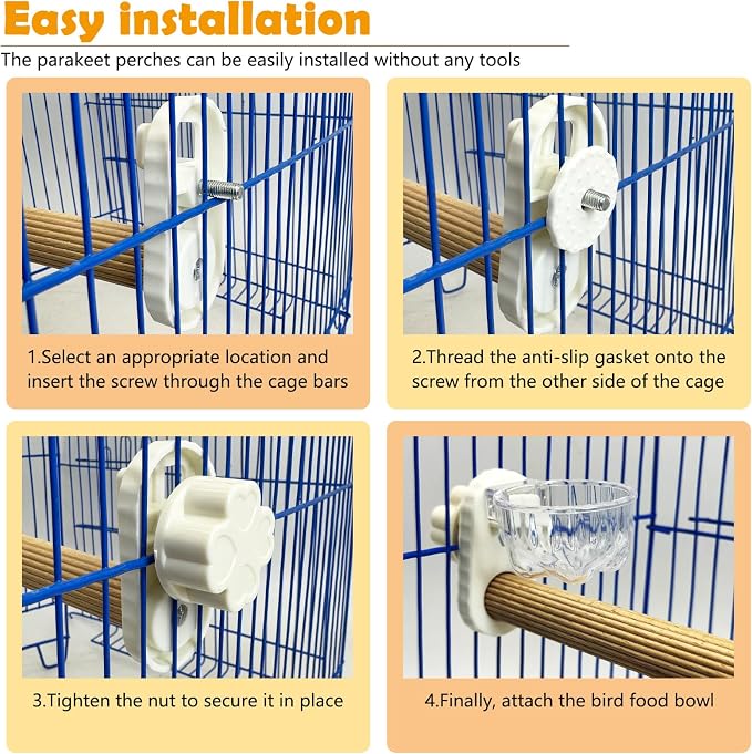 Kathson 3Pcs Bird Perch Feeding Cup Natural Wood Perches with Removable Bird Feeder for Cage Parrot Stand for Parakeets, Budgies, Cockatiels,Parrots, Birds Chewing Stick (White)