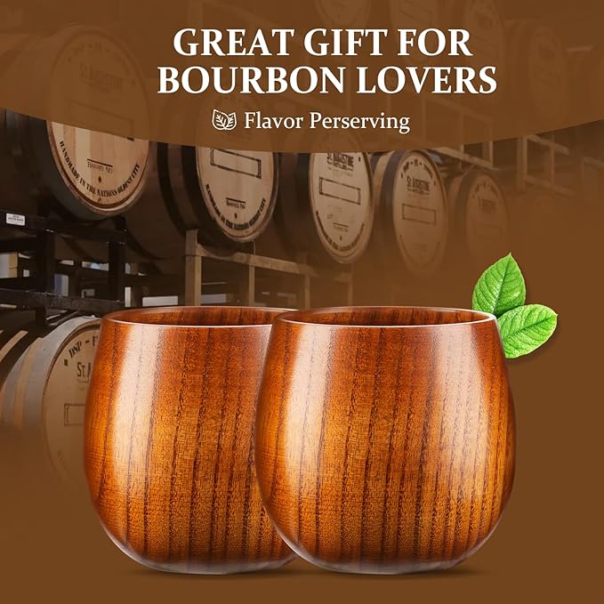 GENUINED The Original Wooden Whiskey Glasses Set of 2, Bourbon Gifts for Men, Anniversary, Birthday, Christmas Gifts, Old Fashioned Wood Bourbon Drinking Glass