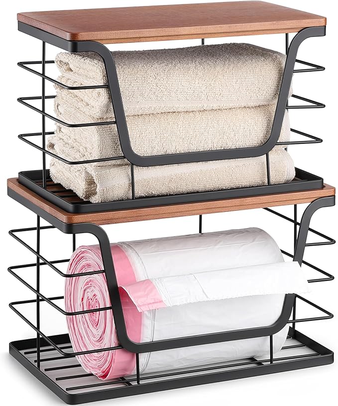 ALOCEO 2 Pack Stackable Storage Bins with Lids, Stainless Steel Extra Large Trash Bag Dispenser Roll Holder for Kitchen Sink, Laundry, Pantry Organizer and Storage, Walnut Black