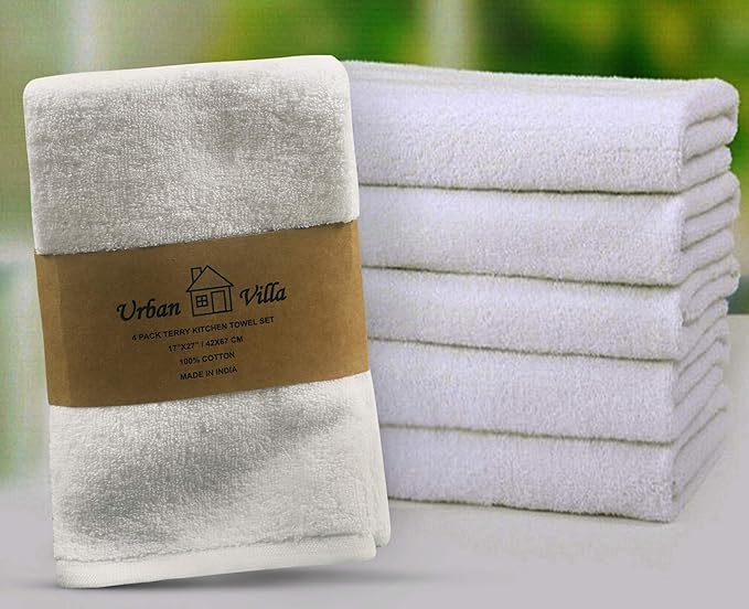 Urban Villa KitchenTowels Dual Purpose Terry Kitchen Towels White Color Set of 4 Dish Towel for Kitchen 100% Cotton Size 17X27 Inches Highly Absorbent KitchenTowels with Hanging Loop KitchenTowels
