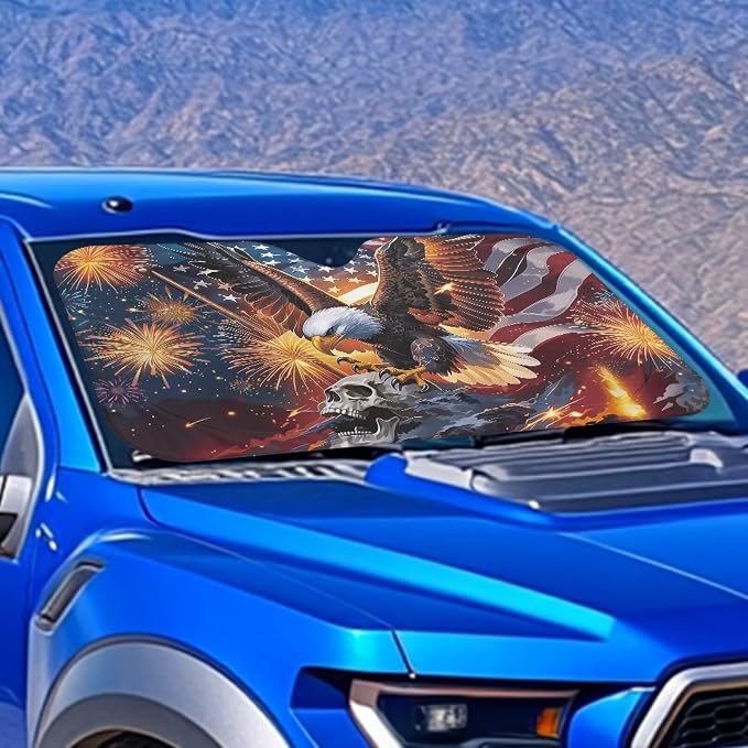 4th of July Windshield Sun Shade Foldable Universal US Flag Eagle Car Windshield Sunshade Reflective Sun Visor Blocks for UV and Heat Sun Visor Protector Accessories for Cars Truck SUV