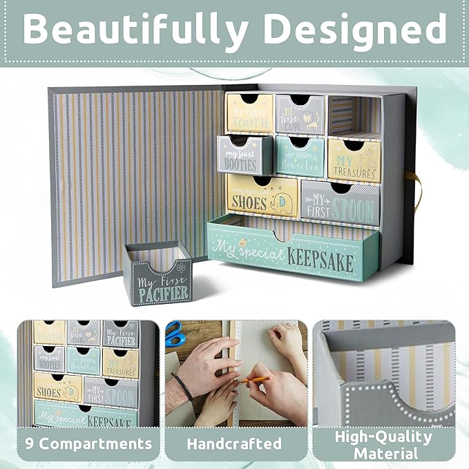 Votum Baby Keepsake Box for Treasured Memories, Moon & Stars - Lightweight, Handcrafted Baby Boxes with 9 Labeled Compartments for First Memories - Gender Neutral Baby Shower Gifts for Girls, Boys