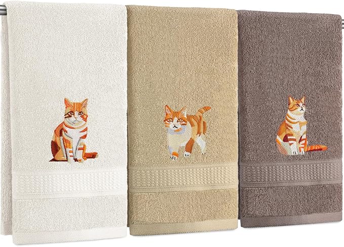 3 Pcs Orange Cat Hand Towels Bathroom Sets Decor | Cute Orange Cat Lover Gifts, Funny Decorative Farmhouse, 100% Cotton, Embroidered Towels for Bathroom Kitchen 13.3 x 29.5''